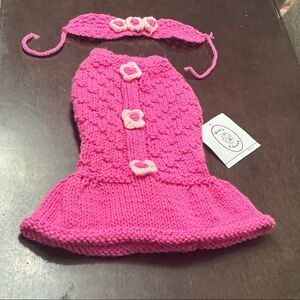 Pink Knitted Dog Dress and Headband Set - NWT